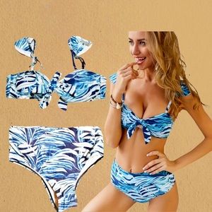 High Waist Blue Floral Ruffle Bikini
